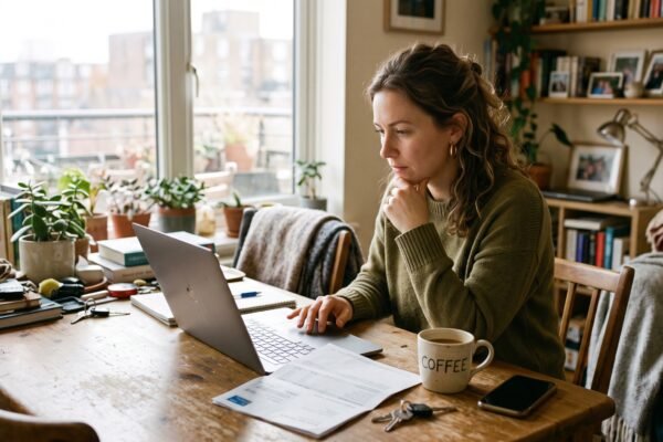 A woman at her dining table with a laptop and a credit card statement, working out a payment before a deadline