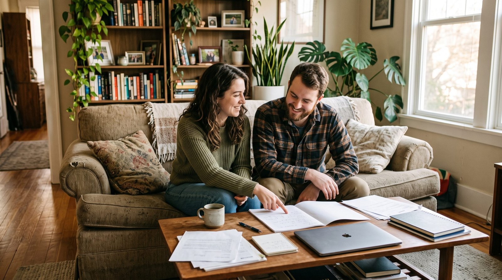 A couple sitting together on their living room sofa reviewing credit report paperwork, looking relieved