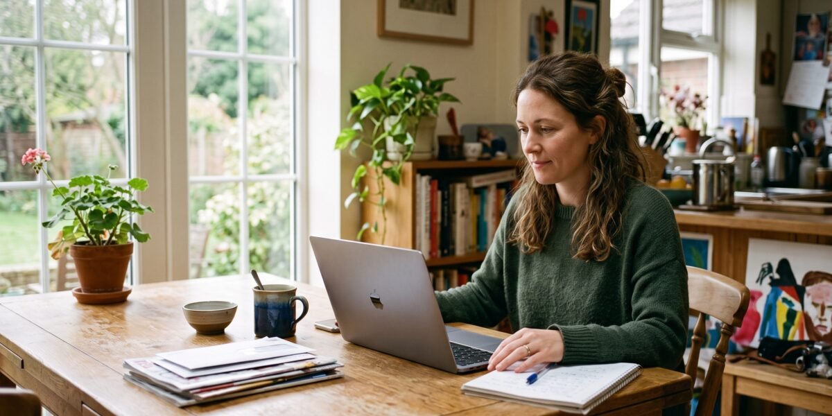 A woman in her late thirties at her dining table with coffee, calmly reviewing her credit report on a laptop