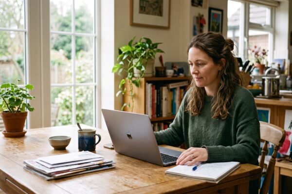 A woman in her late thirties at her dining table with coffee, calmly reviewing her credit report on a laptop