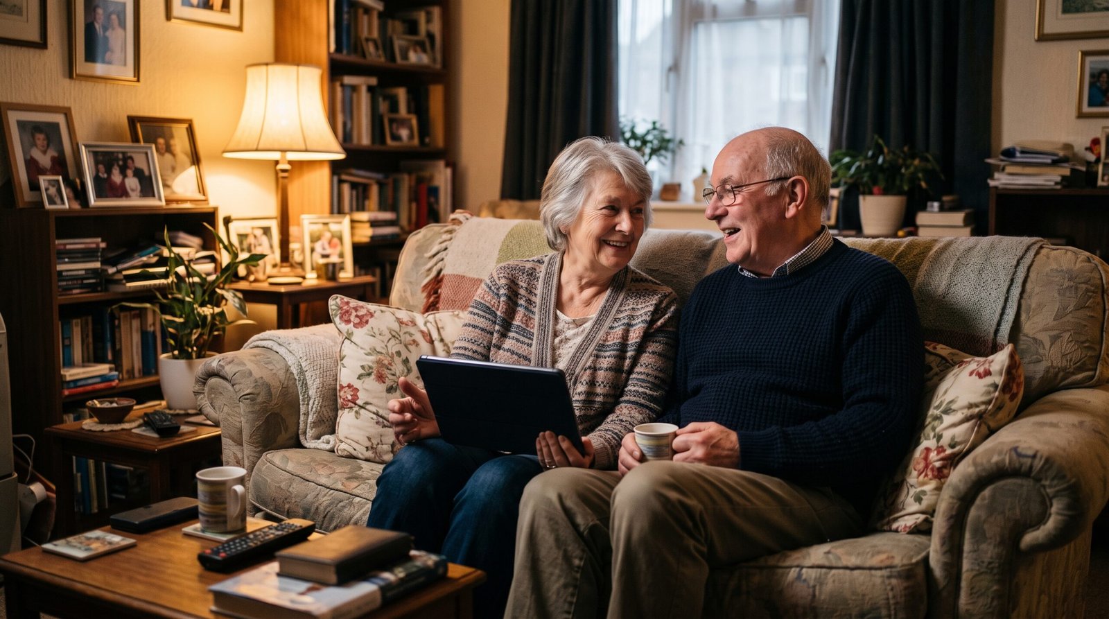 An older couple sitting together on a sofa in warm lamplight, relaxed and talking, with one holding a tablet
