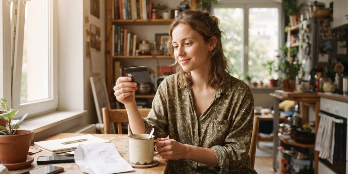 A young woman at her kitchen table holding her newly arrived first credit card, opened envelope and coffee mug beside her