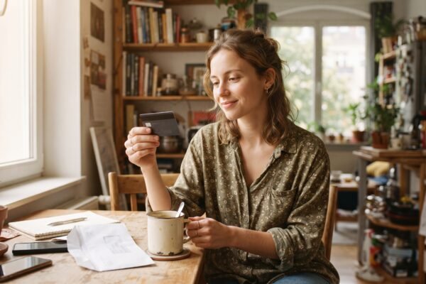 A young woman at her kitchen table holding her newly arrived first credit card, opened envelope and coffee mug beside her