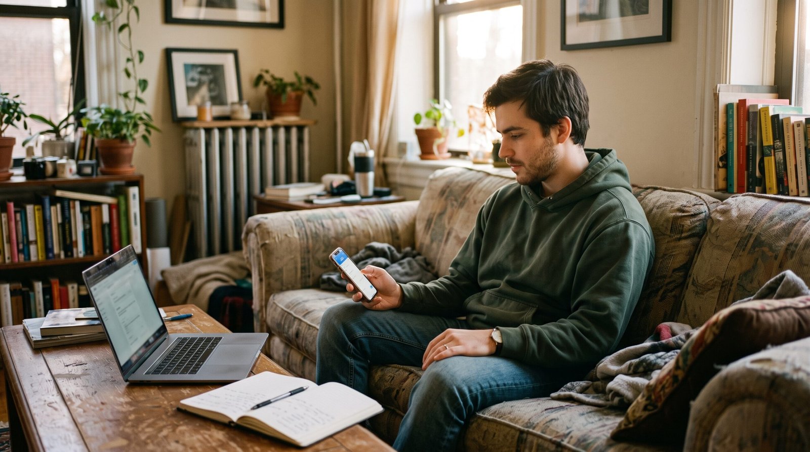 A young man on his living room couch using his phone to set up automatic full-balance payments on his first credit card