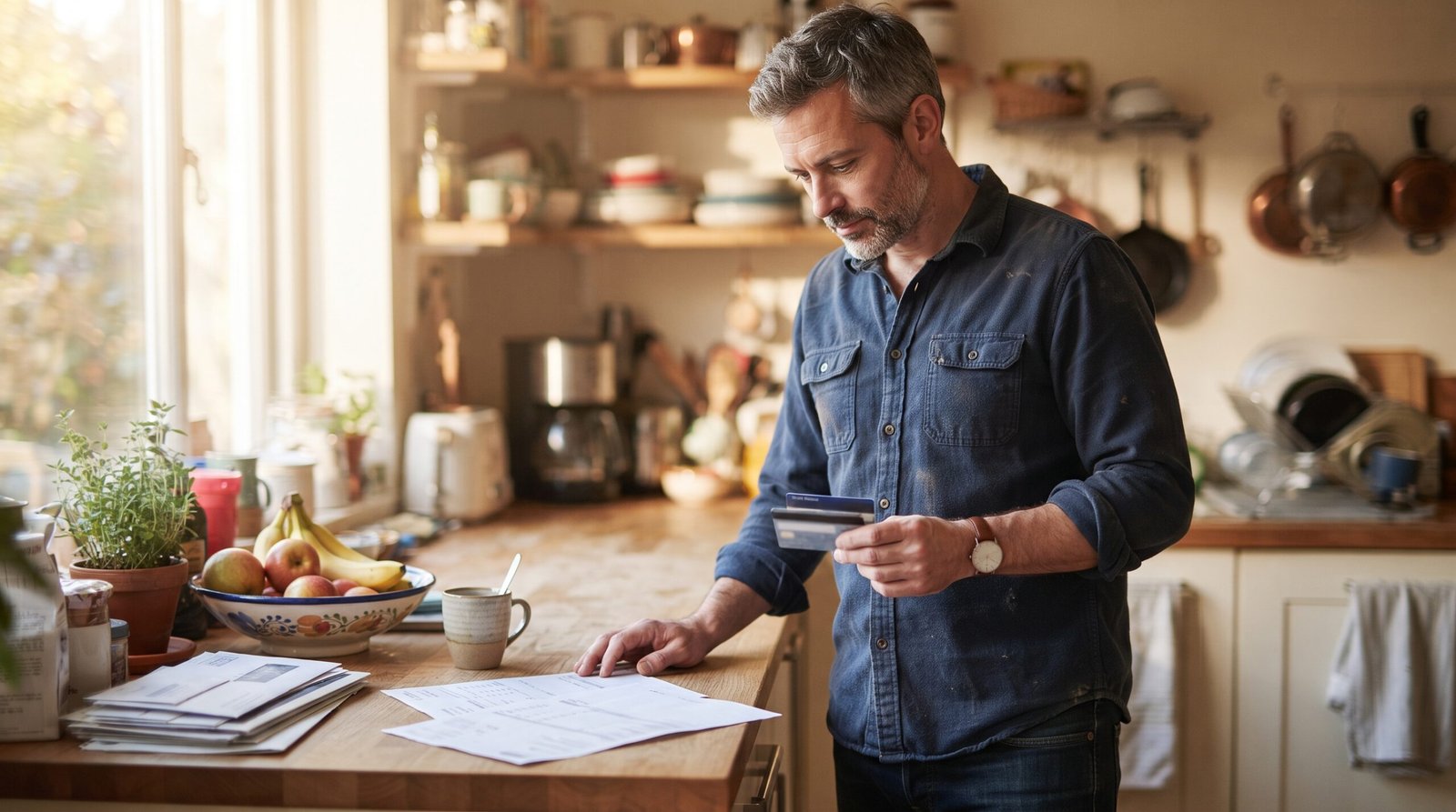 A man at his kitchen counter holding two credit cards while looking over a paper statement, thinking about his balances