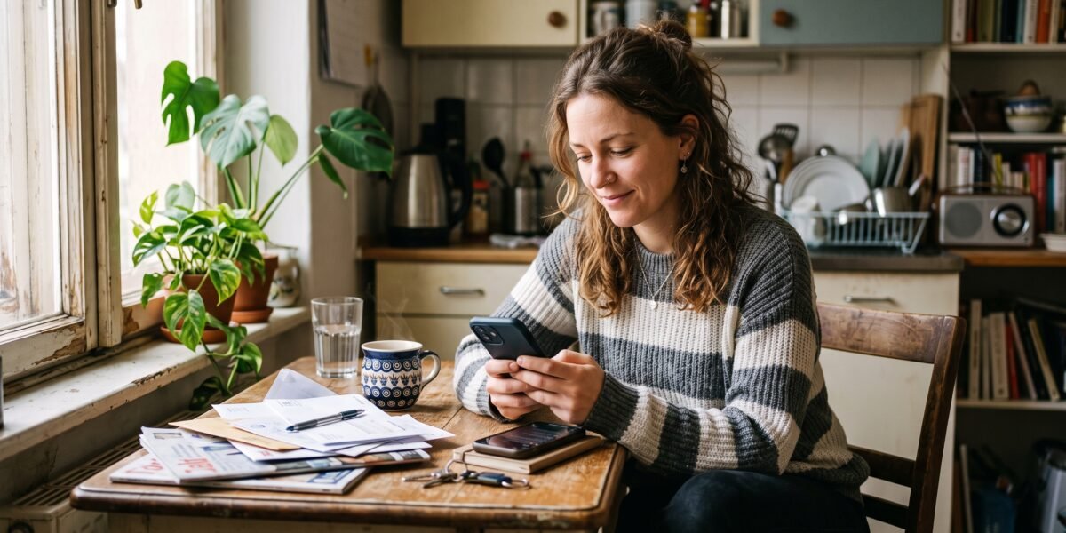 A woman at her kitchen table looking at her credit score on her phone with a thoughtful, relieved expression