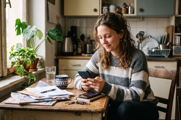 A woman at her kitchen table looking at her credit score on her phone with a thoughtful, relieved expression