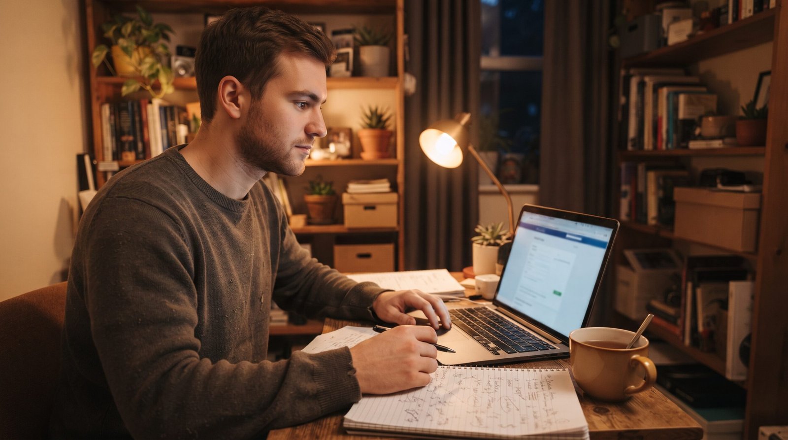 A man at a small home desk in evening lamplight paying down a credit card balance on his laptop