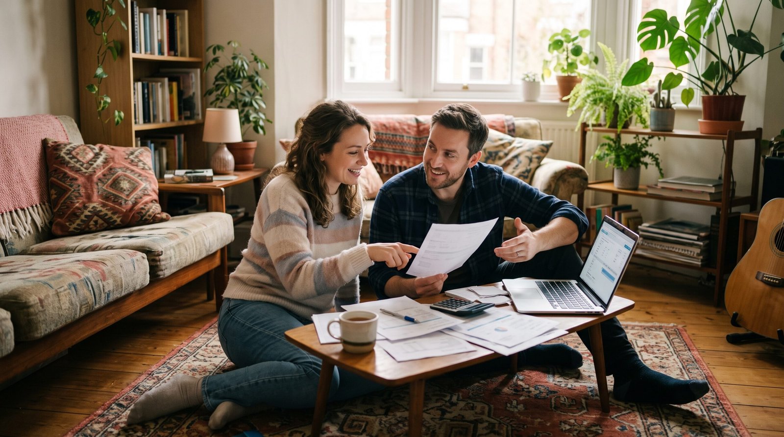 A couple sitting on their living room floor reviewing loan paperwork and a laptop together