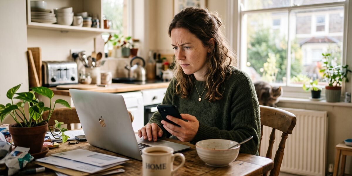 A woman at her kitchen table comparing a credit score on her phone against a different number on her laptop