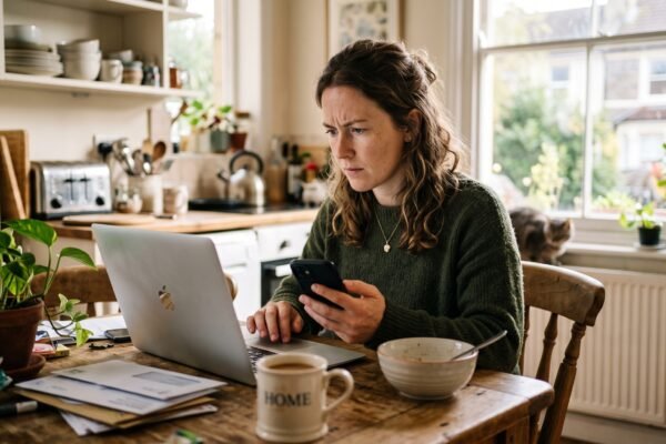 A woman at her kitchen table comparing a credit score on her phone against a different number on her laptop
