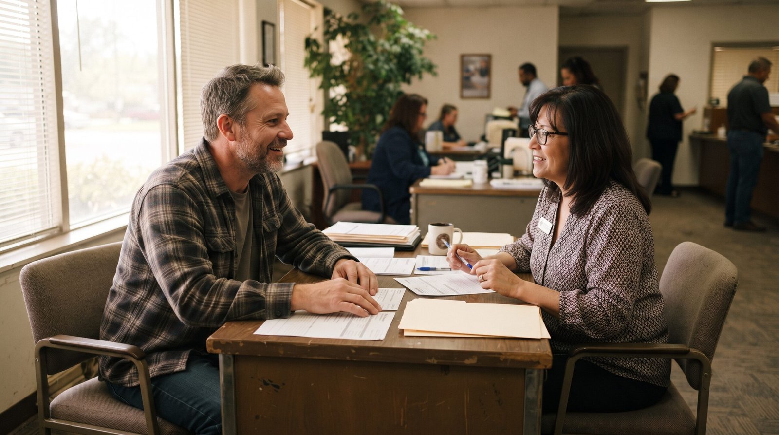 A man sitting across a desk from a loan officer at a small credit union while his credit is reviewed