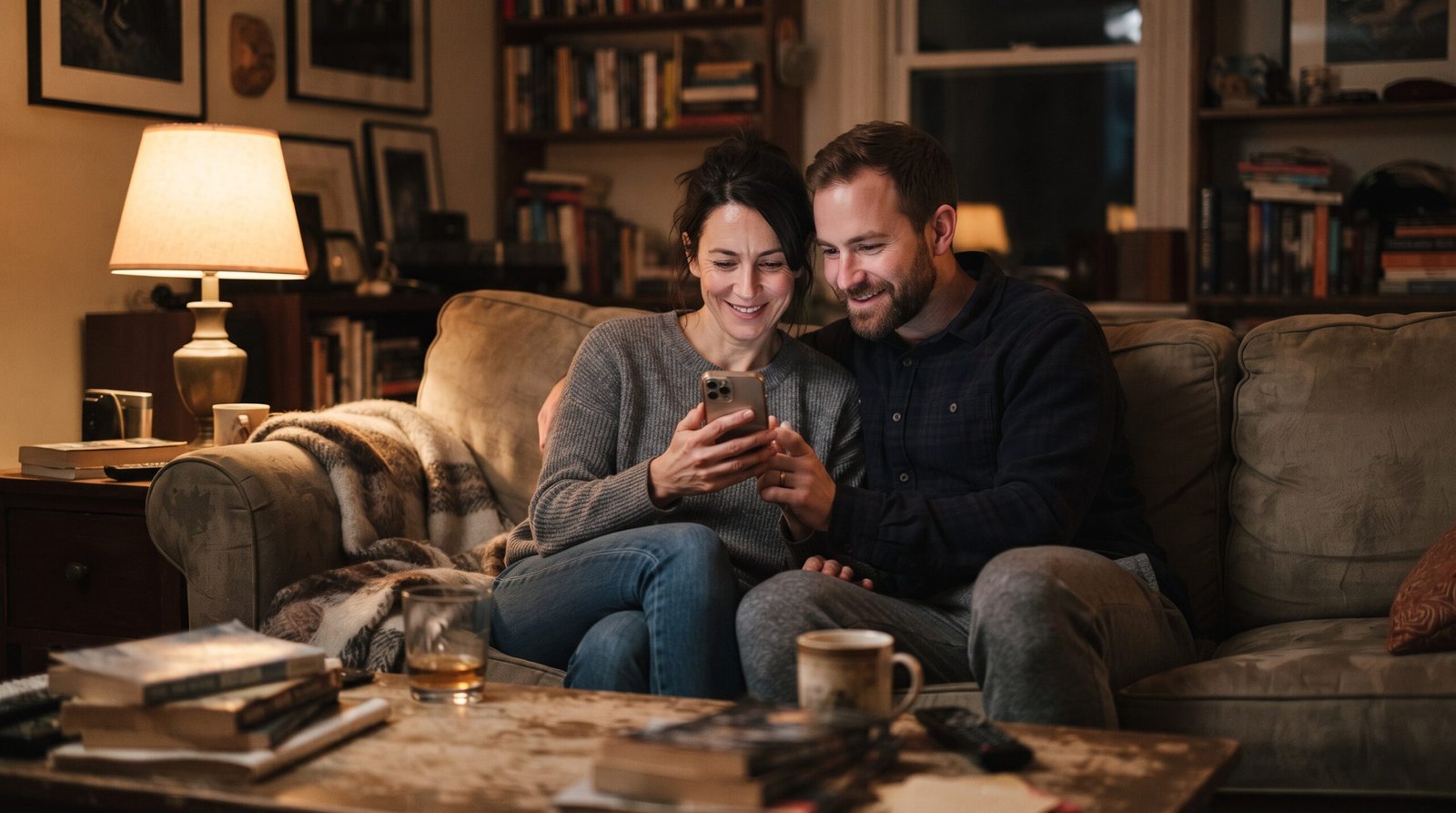 A couple on their living room sofa looking together at a free credit score in a banking app on a phone