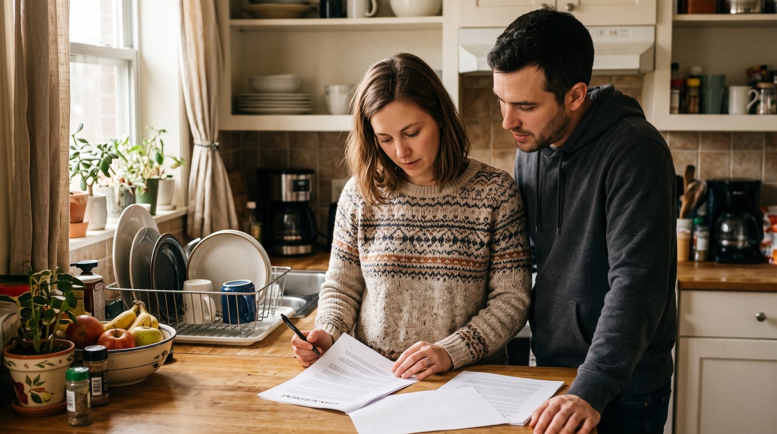 A couple standing at their kitchen counter reading a printed loan document together, one holding a pen