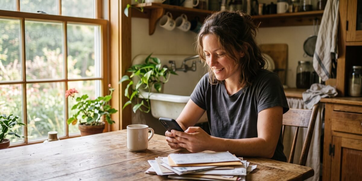 A woman at her kitchen table checking her credit score on her phone beside a coffee mug and a stack of mail