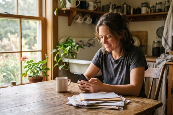 A woman at her kitchen table checking her credit score on her phone beside a coffee mug and a stack of mail