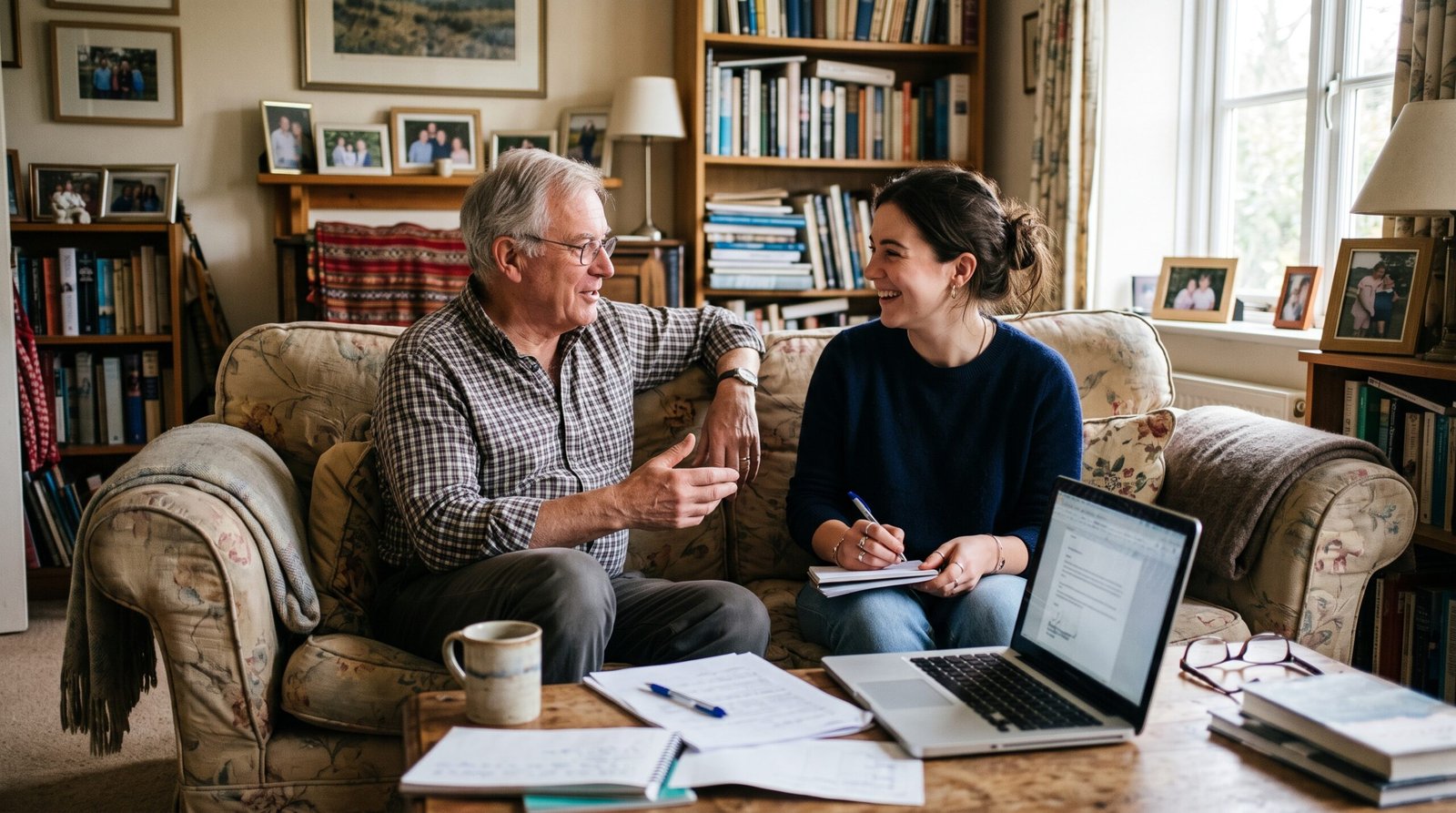 An older father and his adult daughter sitting on a living room sofa talking over papers and a laptop