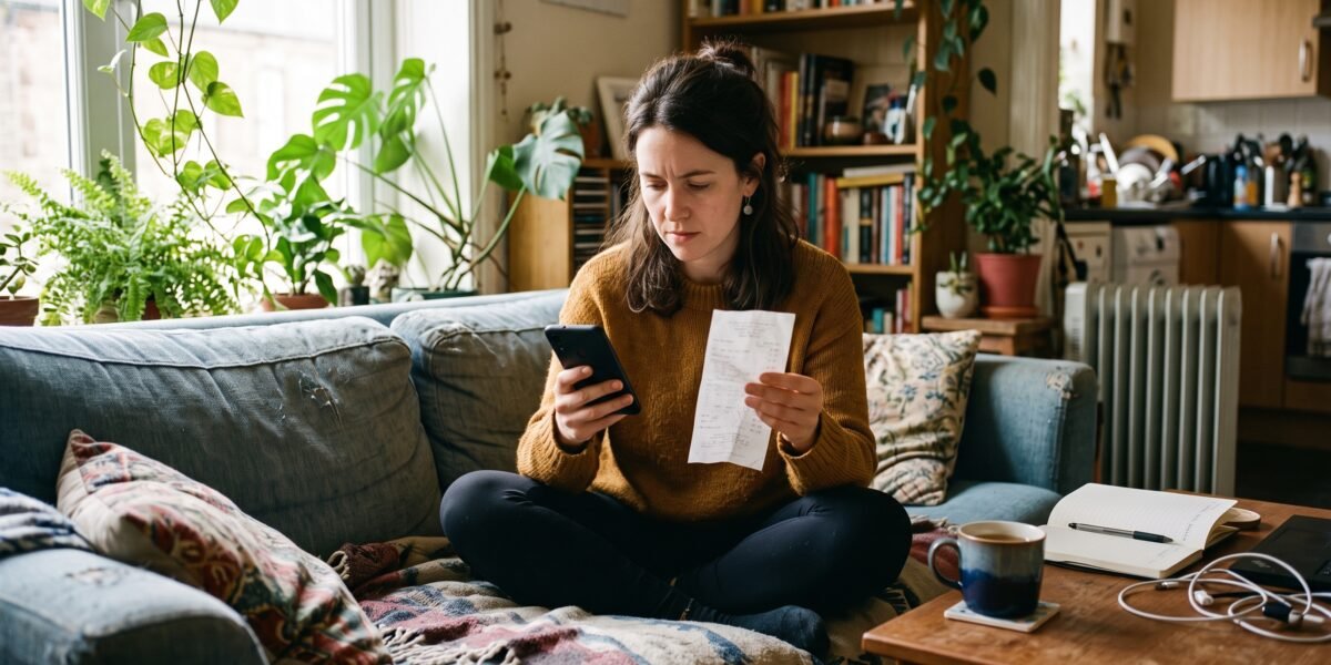 A woman sitting on her couch at home checking a buy now, pay later payment plan on her phone while holding a paper receipt