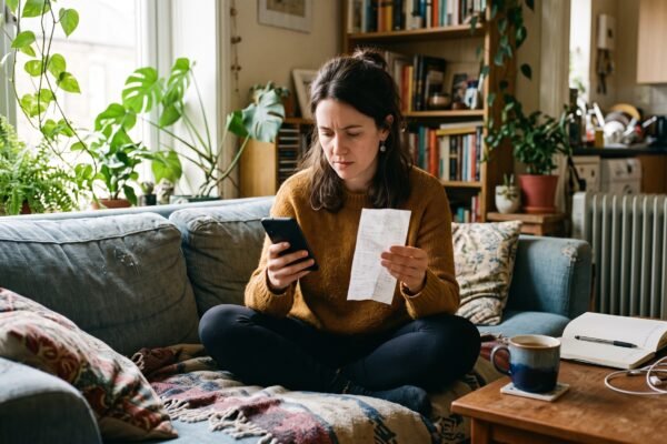 A woman sitting on her couch at home checking a buy now, pay later payment plan on her phone while holding a paper receipt