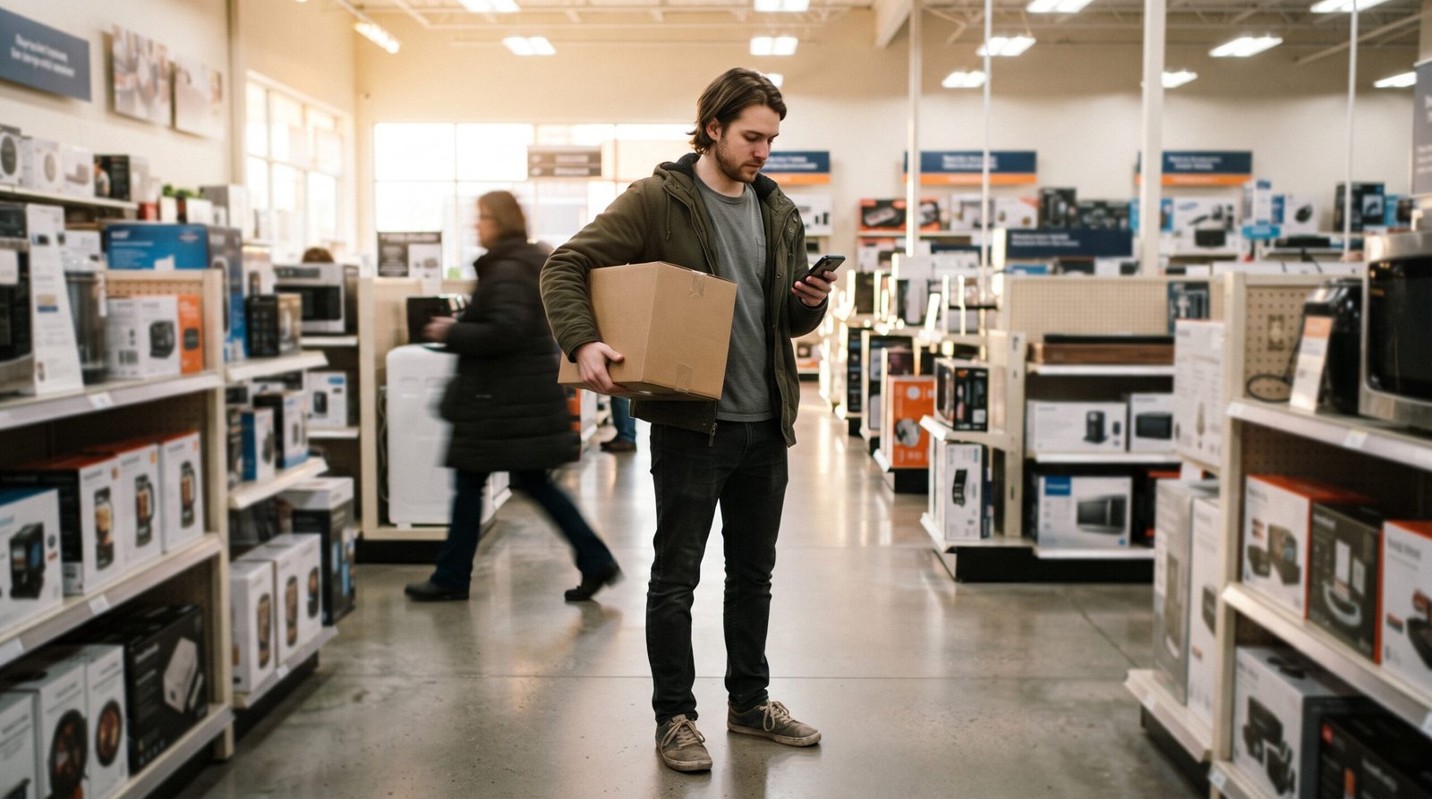 A man in a store aisle holding a boxed purchase and looking at his phone as he decides how to pay for it