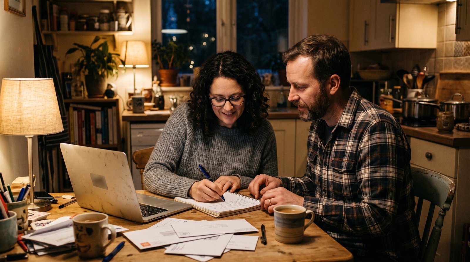 A couple at their kitchen table writing a list of their payment plans in a notebook beside an open laptop