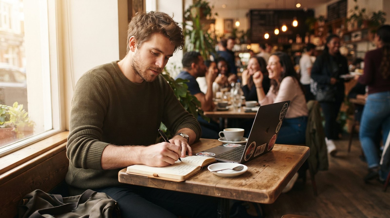 A man at a cafe table handwriting a list of blog post ideas in a notebook beside a half-open laptop