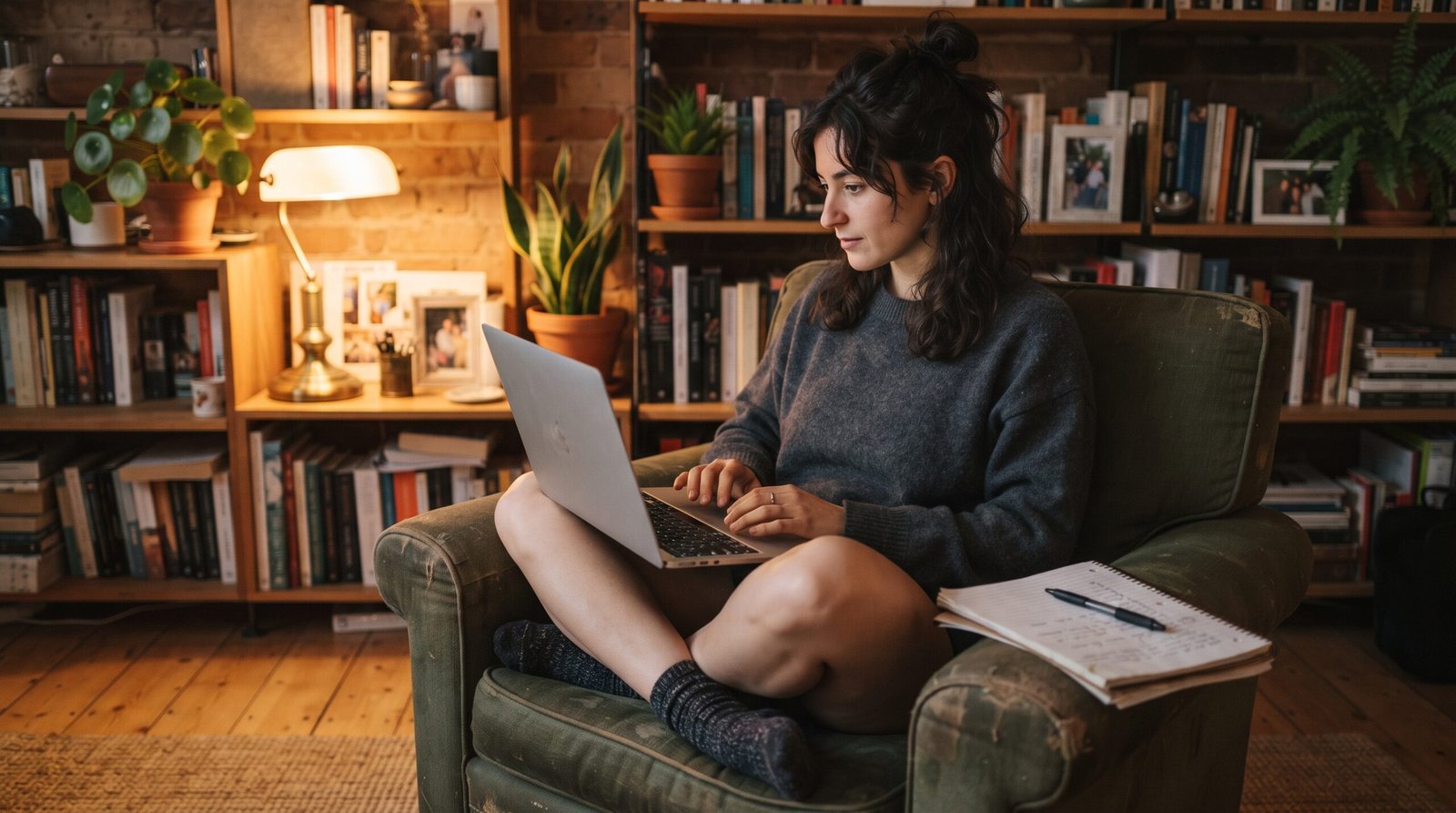 A person reviewing which blog posts are earning affiliate commissions on a laptop in a lamplit home office corner