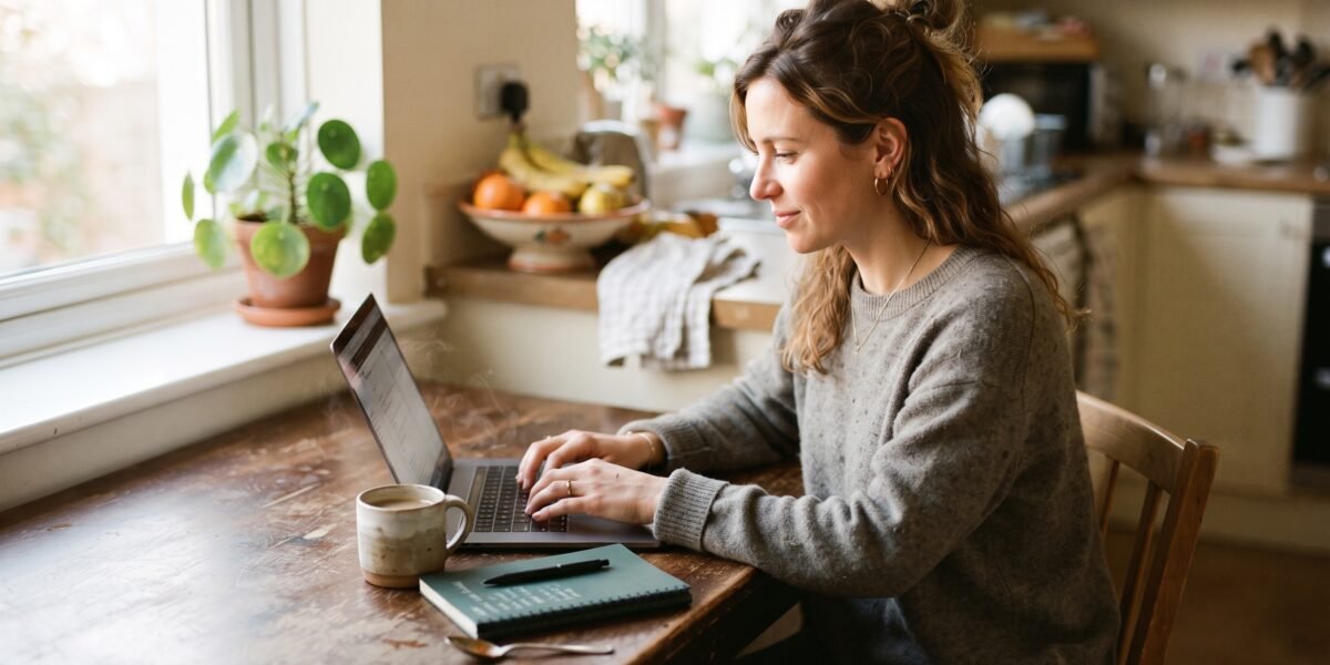 A woman in comfortable clothes typing on a laptop at her kitchen table with coffee and a notebook, starting a blog at home