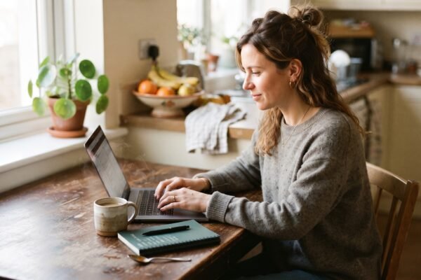 A woman in comfortable clothes typing on a laptop at her kitchen table with coffee and a notebook, starting a blog at home
