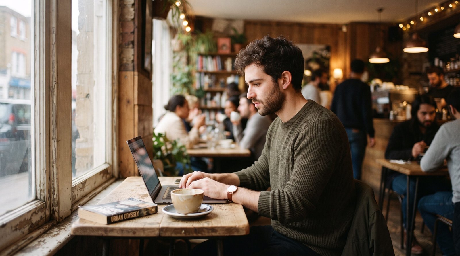 A man writing an honest product review on his laptop in a warm neighbourhood cafe, creating affiliate marketing content that helps readers decide