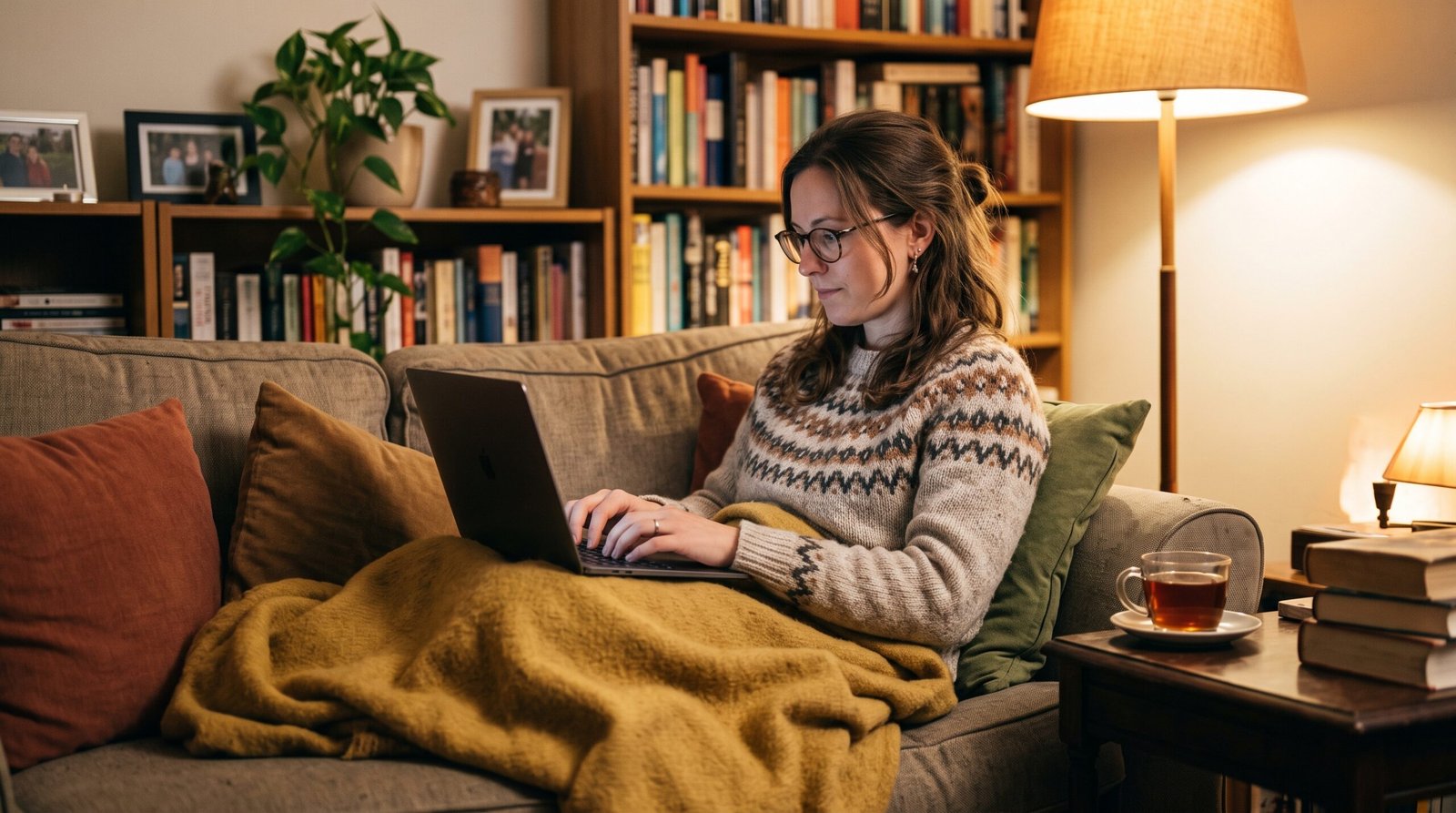 A woman writing on a laptop while curled up under a blanket on a sofa in warm evening lamp light