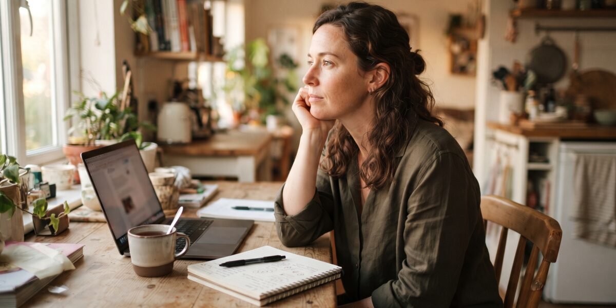 A woman planning her affiliate marketing niche at a sunlit kitchen table with a laptop, tea and handwritten notes