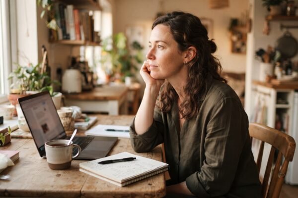A woman planning her affiliate marketing niche at a sunlit kitchen table with a laptop, tea and handwritten notes