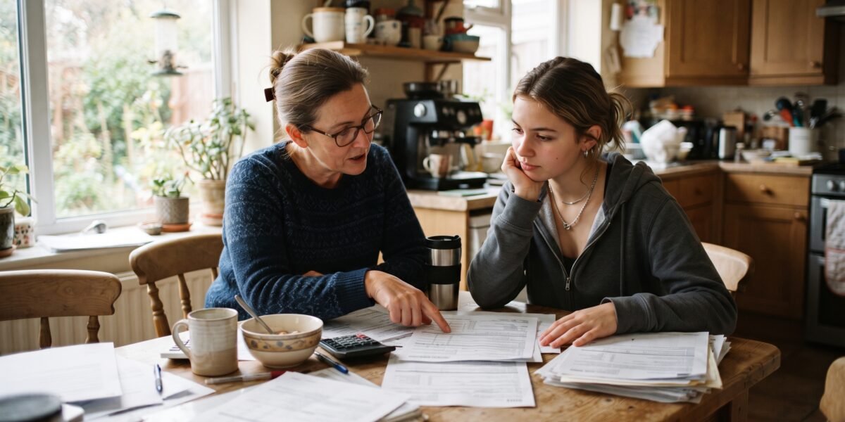 A mother and her college-bound daughter reviewing financial aid award paperwork together at their kitchen table in morning light