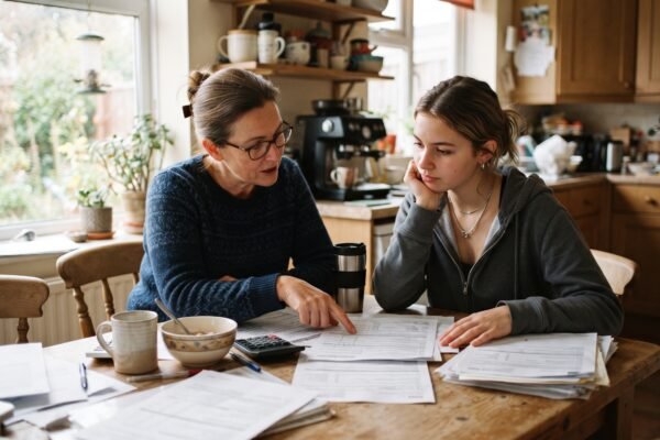 A mother and her college-bound daughter reviewing financial aid award paperwork together at their kitchen table in morning light