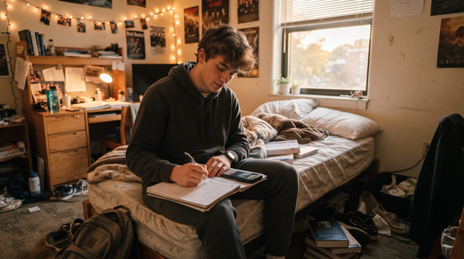 A college student sitting on his dorm bed working out student loan interest numbers with a notebook and calculator