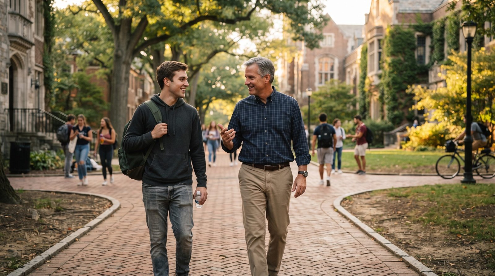 A father and his college-age son walking across campus at golden hour, talking about paying for school