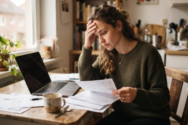 A woman in her late twenties at her kitchen table reviewing student loan repayment paperwork beside an open laptop