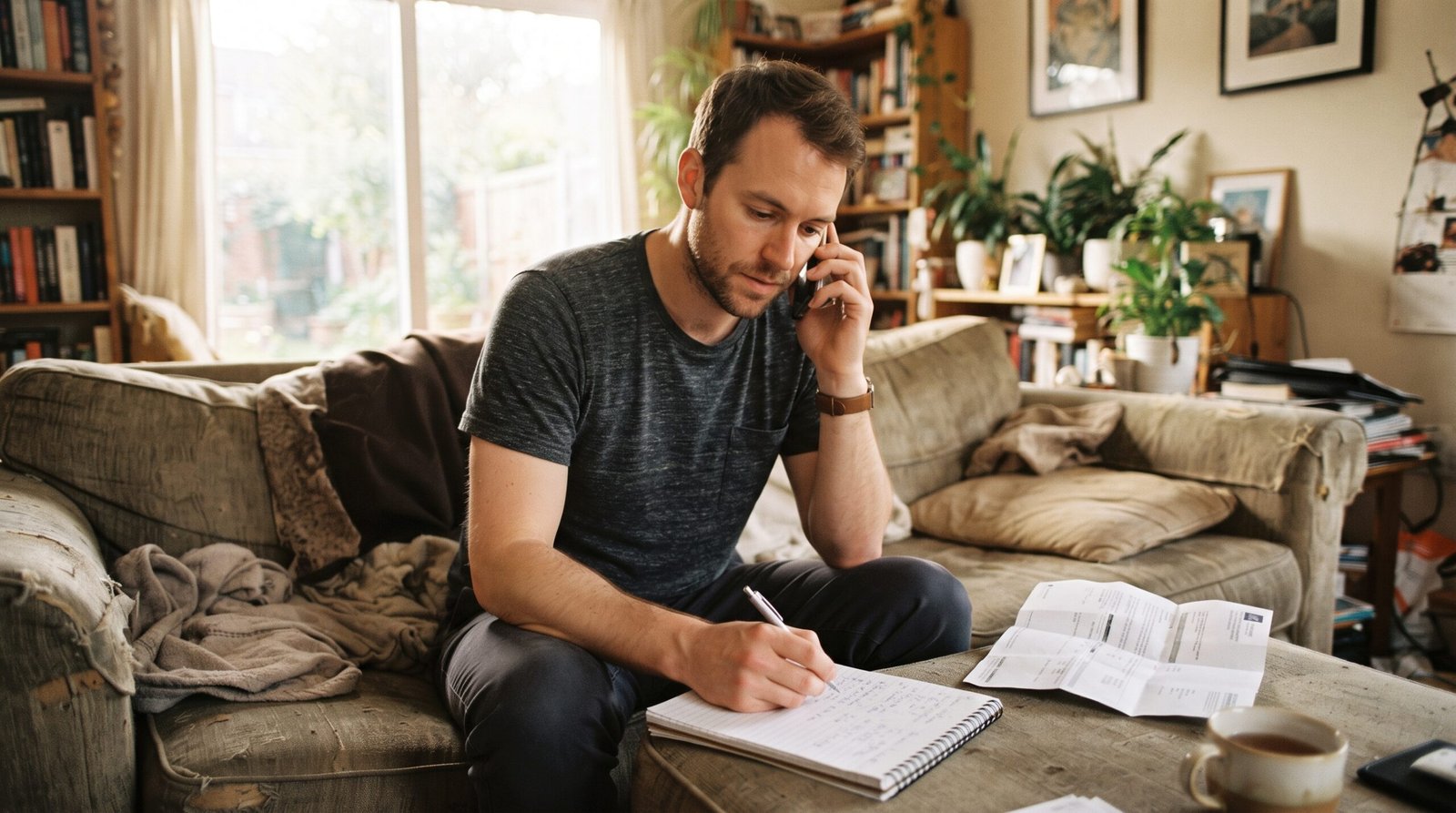 Student Loan Repayment Plans Compared: Which One Fits You? 2 A man on his living room couch taking notes while on the phone with his student loan servicer