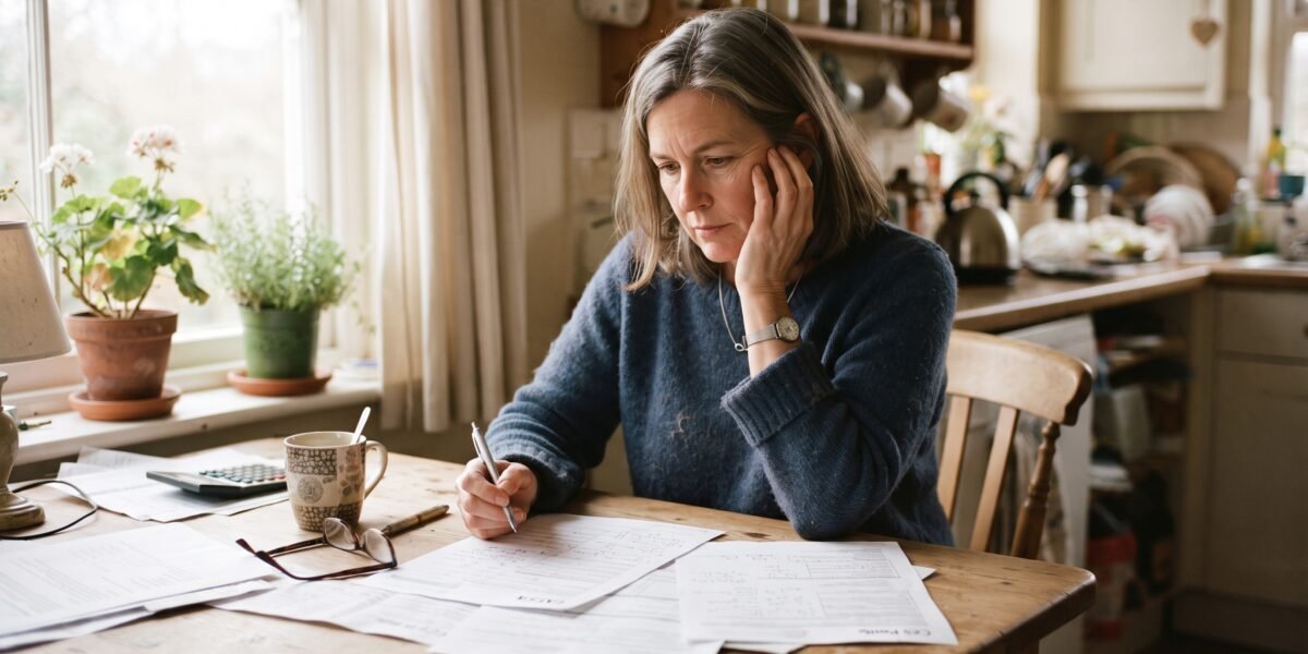 A mother in her early fifties sits at her kitchen table in morning light, reading through college financial aid paperwork with a coffee mug beside her