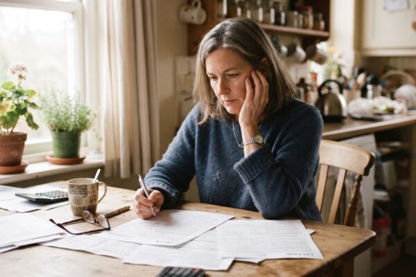 A mother in her early fifties sits at her kitchen table in morning light, reading through college financial aid paperwork with a coffee mug beside her