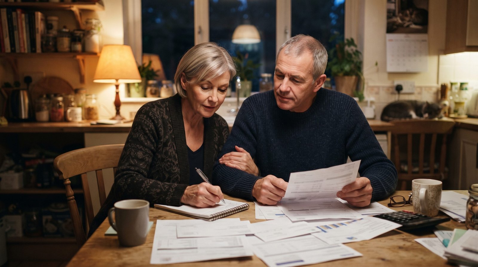 A couple in their fifties sit together at their kitchen table under lamp light, calmly going over loan statements and taking notes