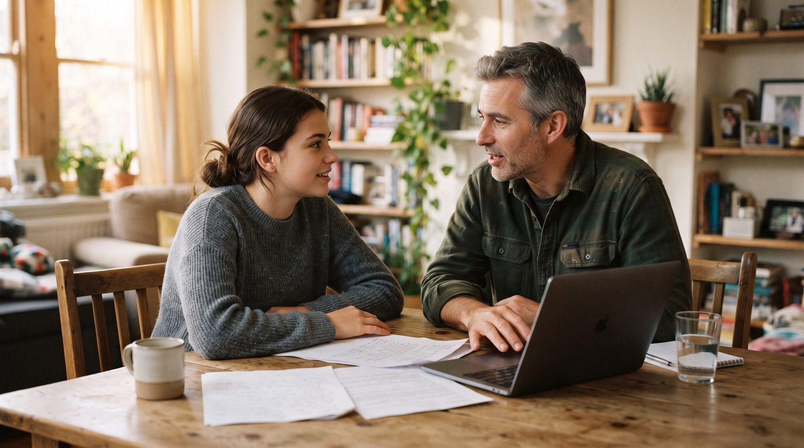 A father in his late forties and his teenage daughter sit side by side at a dining table talking honestly about paying for college