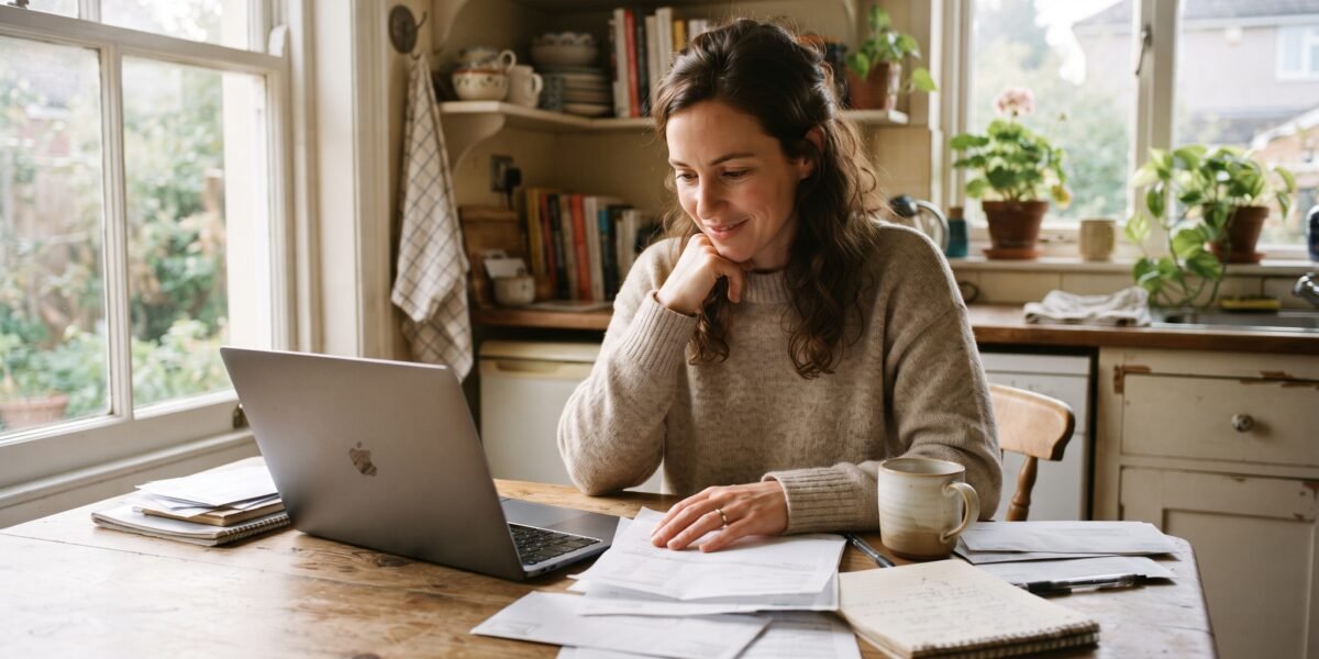 Income-Driven Repayment: How It Works and Who It's For 2 A woman at her kitchen table with a laptop and loan paperwork, looking quietly relieved as she reviews her repayment options