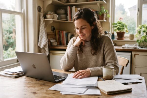 A woman at her kitchen table with a laptop and loan paperwork, looking quietly relieved as she reviews her repayment options