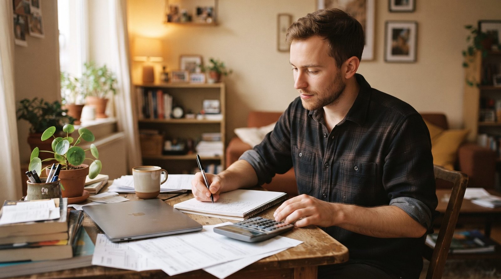 Income-Driven Repayment: How It Works and Who It's For 2 A man at a home desk using a calculator and notebook to work out what his income-driven student loan payment would be