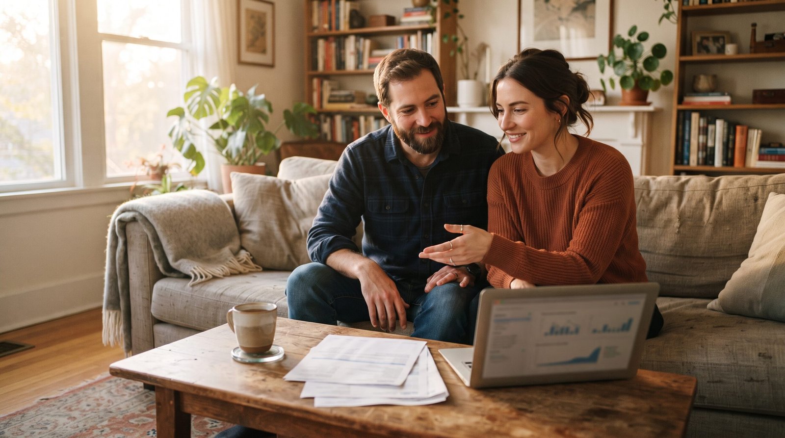 Income-Driven Repayment: How It Works and Who It's For 3 A couple on their couch reviewing student loan statements on a laptop together, talking through which repayment plan to choose