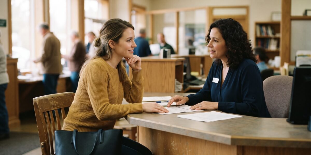 A woman in her early thirties sitting at a credit union counter, listening as a loan officer explains paperwork