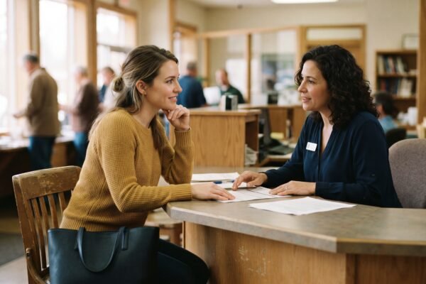 A woman in her early thirties sitting at a credit union counter, listening as a loan officer explains paperwork