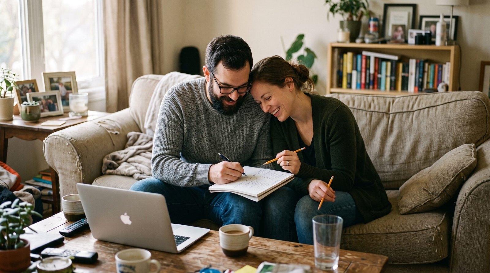 Credit Builder Loans: How They Work and Who They're For 3 A couple in their thirties on their living room couch comparing credit building options on a laptop and notepad